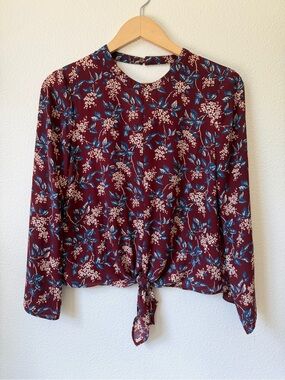 Madewell Burgundy Floral Tie-Front Long-Sleeve Blouse